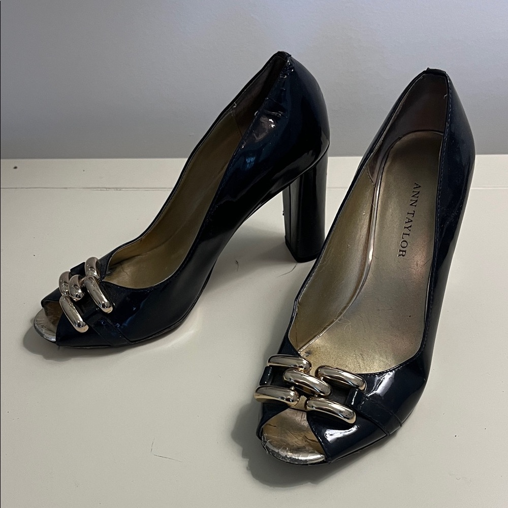 Ann Taylor Navy Patent Peep Toe Heels
